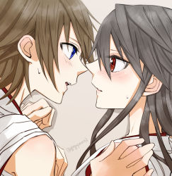 Rule 34 | 10s, 2girls, black hair, blue eyes, brown hair, couple, eye contact, gogono pan&#039;ya, holding hands, haruna (kancolle), hiei (kancolle), highres, imminent kiss, kantai collection, looking at another, multiple girls, parted lips, red eyes, short hair, sweat, yuri