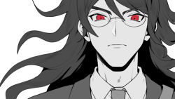 Rule 34 | 1boy, closed mouth, commentary request, danganronpa (series), danganronpa v3: killing harmony, ewa (seraphhuiyu), glasses, gokuhara gonta, highres, long hair, looking at viewer, male focus, messy hair, necktie, portrait, red eyes, serious, simple background, solo, spot color, white background, wing collar