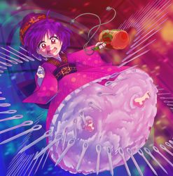 Rule 34 | 1girl, barefoot, bowl, bowl hat, dated, hat, highres, japanese clothes, kimono, miracle mallet, needle, obi, open mouth, petticoat, purple hair, red eyes, red kimono, sash, shouting, signature, solo, sukuna shinmyoumaru, touhou, tricky (tirckt), upskirt, wide sleeves
