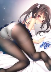 Rule 34 | 1girl, all fours, ass, bare arms, bare shoulders, blue bow, blue skirt, blush, bow, bra, brown hair, commentary request, crotch seam, diagonal stripes, hair ornament, heart, heart hair ornament, long hair, no shoes, nose blush, open mouth, original, panties, panties under pantyhose, pantyhose, pleated skirt, red eyes, shibainu niki, sidelocks, skirt, soles, solo, striped, striped bow, thighband pantyhose, twintails, underwear, white bra, white panties