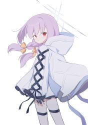 Rule 34 | 1girl, atsuko (blue archive), blue archive, hair ribbon, halo, highres, hood, hooded jacket, jacket, pink hair, red eyes, ribbon, solo, thighs, twitter, urotsuki (2013.04), white background, yellow ribbon