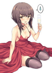 Rule 34 | 1girl, :d, alcohol, azur lane, bare arms, bare shoulders, black choker, blush, breasts, brown eyes, brown hair, brown thighhighs, champagne, champagne flute, choker, cocktail dress, collarbone, commentary, cosplay, cup, dress, drinking glass, highres, historical name connection, kantai collection, long hair, looking at viewer, name connection, open mouth, oversized clothes, rasahan, red dress, short hair, sitting, sleeveless, sleeveless dress, small breasts, smile, solo, spoken sweatdrop, sweatdrop, taihou (azur lane), taihou (azur lane) (cosplay), taihou (forbidden feast) (azur lane), taihou (kancolle), thighhighs, wine glass, yokozuwari