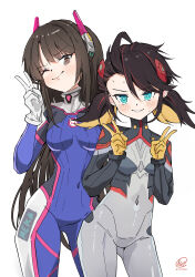 2girls ;) absurdres animal_print black_hair blonde_hair blue_eyes blush bodysuit breasts brown_eyes brown_hair closed_mouth commentary_request covered_navel d.va_(overwatch) double_v gloves hair_between_eyes hair_ornament head_tilt highres long_hair low_twintails marvel marvel_rivals multicolored_hair multiple_girls nakatokung one_eye_closed overwatch peni_parker rabbit_print signature simple_background small_breasts smile spider-man_(series) sweat sweatdrop twintails twitter_username two-tone_hair v v-shaped_eyebrows very_long_hair white_background