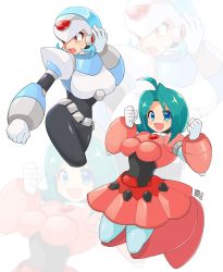 Rule 34 | 2girls, :d, ahoge, android, blue hair, blush, breasts, capcom, civilian (mega man x6), clenched hand, cropped legs, dated, female hunter (mega man x5), full body, green hair, helmet, jumping, large breasts, medium hair, mega man (series), mega man x (series), multiple girls, open mouth, red eyes, short hair, simple background, smile, tobitori, zoom layer