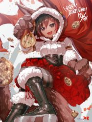 Rule 34 | 1girl, animal ears, animal hands, bag, black pantyhose, boots, cape, cookie, cookies, corset, cross-laced footwear, dress, food, holding, holding bag, lace-up boots, pantyhose, ruby rose, rwby, solo, tail