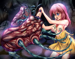 Rule 34 | 1990s (style), 1girl, bare shoulders, blue eyes, breasts, dildo sword, dress, female focus, final fantasy, final fantasy v, jewelry, lenna charlotte tycoon, long hair, monikano, monster, nipples, open mouth, pendant, pink hair, rape, solo, sword, tears, tentacles, torn clothes, weapon