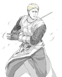 Rule 34 | 1boy, alternate universe, alternate weapon, feet out of frame, fighting stance, frown, gloves, greyscale, holding, holding sword, holding weapon, male focus, monochrome, nene (10575936), pants, reiner braun, shingeki no kyojin, short hair, solo, sword, weapon