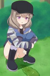 Rule 34 | 1girl, brown hair, censored, clothes pull, fang, fizu, highres, outdoors, panties, panty pull, peeing, puddle, purple eyes, pussy, shorts, shorts pull, skin fang, slow loop, solo, squatting, underwear, yoshinaga koi