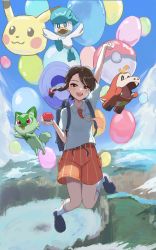 Rule 34 | 1girl, :d, absurdres, arm up, backpack, bag, black bag, black footwear, breast pocket, brown hair, collared shirt, commentary request, creatures (company), fuecoco, game freak, hat, highres, holding, holding poke ball, juliana (pokemon), looking at viewer, necktie, nintendo, open mouth, orange necktie, orange shorts, pocket, poke ball, poke ball (basic), pokemon, pokemon (creature), pokemon sv, quaxly, ryoha kosako, shirt, shoes, shorts, smile, socks, sprigatito, starter pokemon trio, teeth, upper teeth only