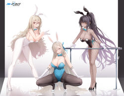 Rule 34 | 3girls, absurdres, akane (blue archive), akane (bunny) (blue archive), animal ears, asuna (blue archive), asuna (bunny) (blue archive), black footwear, black hair, black leotard, black pantyhose, blonde hair, blue archive, blue bow, blue bowtie, blue leotard, blue ribbon, blush, bow, bowtie, breasts, chinese commentary, cleavage, collarbone, copyright name, dark-skinned female, dark skin, detached collar, fake animal ears, fishnet pantyhose, fishnets, forehead, full body, glasses, gloves, grin, hair between eyes, hair over one eye, hair ribbon, hands up, high heels, high ponytail, highleg, highleg leotard, highres, kanon (sinto), karin (blue archive), karin (bunny) (blue archive), large breasts, leaning forward, legs apart, legs together, leotard, long hair, looking at viewer, m legs, multicolored hair, multiple girls, official alternate costume, pantyhose, parted bangs, playboy bunny, purple hair, reflective floor, ribbon, shadow, side-tie leotard, simple background, slit pupils, smile, squatting, standing, strapless, strapless leotard, streaked hair, thighs, very long hair, white background, white footwear, white gloves, white leotard, white pantyhose, wrist cuffs, yellow eyes