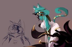 1girl absurdres animal_ears aqua_fur aqua_hair cat_ears cat_girl cat_tail cthulhu_mythos dress ebbedrawin faceless faceless_female furry furry_female highres nyanlathotep sucker_for_love tail white_dress