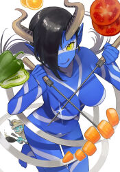 Rule 34 | 1boy, 1girl, :q, attis, bandages, bell pepper, black hair, blonde hair, blue skin, breasts, carrot, closed mouth, colored skin, commentary request, cybele (megami tensei), donbee937, eyelashes, food, fruit, frying pan, glint, green pupils, hair over one eye, highres, holding, holding frying pan, holding skewer, holding spatula, horns, large breasts, orange (fruit), orange slice, pepper, shin megami tensei, skewer, smile, spatula, tomato, tomato slice, tongue, tongue out, yellow eyes