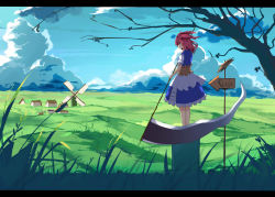 Rule 34 | 1girl, baisi shaonian, female focus, field, grass, hair bobbles, hair ornament, highres, house, letterboxed, onozuka komachi, red eyes, red hair, road sign, scenery, scythe, short hair, sign, skirt, solo, standing, touhou, tree, twintails, two side up, weapon, wind, windmill