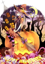 Rule 34 | 1girl, bad id, bad pixiv id, bandages, broom, candy, cat, crescent moon, food, grey hair, halloween, happy halloween, hat, jack-o&#039;-lantern, moon, original, pumpkin, red eyes, sitting, solo, striped clothes, striped thighhighs, thighhighs, wings, witch hat, yuzuki karu