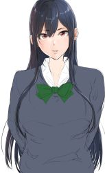 Rule 34 | 1girl, black hair, bow, bowtie, closed mouth, ear piercing, earrings, green bow, green bowtie, grey sweater, highres, jewelry, ken-1, long hair, looking at viewer, original, piercing, red eyes, shirt, simple background, sketch, solo, sweater, white background, white shirt
