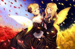 Rule 34 | 00s, 2girls, beatrice (umineko), blonde hair, bow, breasts, bug, butterfly, butterfly wings, cleavage, dress, dual persona, flower, holding hands, insect, insect wings, medium breasts, multiple girls, nanamura, necktie, petals, pink bow, pink necktie, skirt, thighhighs, umineko no naku koro ni, wings