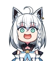 Rule 34 | 1girl, :d, ahoge, animal ear fluff, animal ears, braid, breasts, detached sleeves, earrings, fox ears, green eyes, hair between eyes, hololive, hololive gamers, jewelry, kagelantern, long hair, looking at viewer, open mouth, shirakami fubuki, shirakami fubuki (1st costume), single earring, smile, solo, transparent background, upper body, virtual youtuber, white hair, wide-eyed