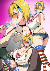 Rule 34 | 1boy, 1girl, :&gt;=, after fingering, age difference, american flag legwear, ass, bald, blonde hair, blue eyes, blue hair, blush, breasts, bulge, butt crack, choker, cleavage, controller, covered erect nipples, denim, denim shorts, earrings, erection, erection under clothes, female pubic hair, food, glasses, gluteal fold, hair ornament, heart, heart-shaped choker, heart-shaped pupils, highleg, highleg panties, highres, homestay ntr (takeda hiromitsu), huge breasts, ice cream, jewelry, lipstick, looking at viewer, makeup, medium hair, micro shorts, mira (homestay ntr), multicolored hair, multiple views, netorare, open fly, open mouth, panties, popsicle, pubic hair, pubic hair peek, pussy juice, pussy juice on hand, pussy juice on legs, saliva, sexually suggestive, shirt, short shorts, shorts, sitting, sleeveless, sleeveless shirt, sweat, symbol-shaped pupils, tagme, takeda hiromitsu, tank top, thick thighs, thighhighs, thighs, two-tone hair, underwear, white shirt