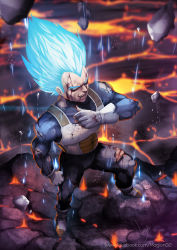 Rule 34 | 1boy, armor, artist name, blood, blood from mouth, blue eyes, blue hair, dragon ball, dragonball z, energy, facebook username, floating rock, full body, gloves, long hair, magion02, male focus, matching hair/eyes, lava, muscular, signature, smile, solo, spiked hair, super saiyan, super saiyan blue, super saiyan god, super saiyan god ss, torn clothes, vegeta, veins, watermark, web address