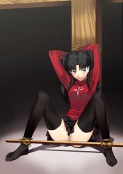 Rule 34 | 00s, 1girl, arms behind head, bdsm, black thighhighs, bondage, bound, fate/stay night, fate (series), legs, long legs, naughty face, panties, rope, solo, spread legs, spreader bar, thighhighs, tohsaka rin, underwear, white panties, yangsion, zettai ryouiki