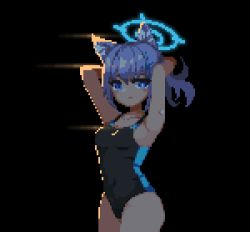 Rule 34 | 1girl, animal ear fluff, animal ears, arms behind head, arms up, black background, black one-piece swimsuit, blue archive, blue eyes, breasts, bright pupils, cat ears, closed mouth, collarbone, competition swimsuit, cowboy shot, grey hair, halo, kuro (white23091p), long hair, looking at viewer, lowres, medium breasts, mismatched pupils, one-piece swimsuit, pixel art, shiroko (blue archive), shiroko (swimsuit) (blue archive), simple background, slit pupils, solo, swimsuit, symbol-only commentary, white pupils