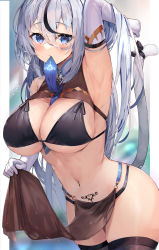 Rule 34 | 1girl, absurdres, arm behind head, arm up, armpits, bikini, bikini under clothes, black bikini, black hair, black thighhighs, blue eyes, blue hair, blue necktie, blurry, blurry background, breasts, cat tail, cattail, cleavage, elbow gloves, gloves, hair between eyes, highres, kuroshiro kanae, large breasts, letterboxed, light blue hair, long hair, looking at viewer, mouth hold, multicolored hair, necktie, original, pelvic curtain, plant, revealing clothes, ribbon, sideboob, sidelocks, solo, streaked hair, swimsuit, swimsuit under clothes, tail, tail ornament, tail ribbon, thighhighs, two-tone hair, underboob