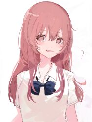 Rule 34 | 1girl, :d, ?, bihuloa, blue bow, blue bowtie, bow, bowtie, brown eyes, brown hair, collared shirt, highres, koe no katachi, long hair, looking at viewer, nishimiya shouko, open mouth, school uniform, shirt, short sleeves, simple background, smile, solo, upper body, white background