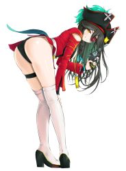 Rule 34 | 1girl, ass, bent over, black footwear, black hair, black hat, black panties, braid, chaesu, clothing cutout, colored inner hair, commentary, english commentary, epic seven, eyepatch, flan (epic seven), full body, green hair, grin, gun, handgun, hat, high heels, highres, holding, holding gun, holding weapon, jacket, long hair, long sleeves, looking at viewer, multicolored hair, panties, red jacket, revolver, shoulder cutout, simple background, single braid, smile, solo, standing, thigh strap, thighs, tricorne, underwear, weapon, white background, white legwear, yellow eyes