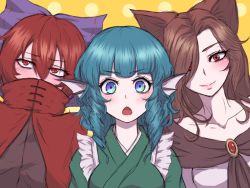 Rule 34 | 3girls, animal ears, black shirt, blue eyes, blue hair, blush, bow, breasts, brooch, brown hair, cape, chestnut mouth, covered mouth, curly hair, dress, embarrassed, eyes visible through hair, fins, flat chest, gradient eyes, grass root youkai network, hair between eyes, hair bow, hair over one eye, head fins, imaizumi kagerou, japanese clothes, jewelry, kimono, long hair, looking at viewer, looking away, medium breasts, mermaid, miata (miata8674), monster girl, multicolored eyes, multiple girls, off shoulder, open mouth, red cape, red eyes, red hair, ribbon-trimmed headwear, ribbon trim, sekibanki, sekibanki (touhou), shirt, simple background, team shanghai alice, touhou, upper body, wakasagihime, wakasagihime (touhou), white dress, wolf ears