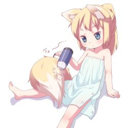 Rule 34 | 1girl, animal ears, bare shoulders, blonde hair, blue eyes, blush, child, flat chest, fox ears, fox tail, hair dryer, highres, original, short hair, simple background, sitting, solo, tail, towel, ueno musashi, white background