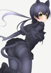 Rule 34 | 1girl, :t, absurdres, animal ears, ass, black footwear, black hair, black leopard (kemono friends), black panties, black shirt, black skirt, bodystocking, boots, closed mouth, deku suke, extra ears, floating hair, from behind, green eyes, grey background, highres, kemono friends, layered sleeves, leaning forward, leopard ears, leopard tail, long hair, long sleeves, looking at viewer, looking back, outstretched arms, panties, pantyhose, see-through, shirt, shoe soles, short over long sleeves, short sleeves, simple background, skirt, solo, tail, twintails, underwear, v-shaped eyebrows, very long hair
