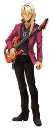 Rule 34 | 1boy, ace attorney, apollo justice: ace attorney, black pants, blonde hair, blue eyes, chain, chain necklace, dark-skinned male, dark skin, guitar, highres, holding, holding instrument, instrument, jacket, jewelry, klavier gavin, lianh13, long hair, long sleeves, male focus, multiple rings, necklace, open clothes, open jacket, pants, ring, smile, solo, standing, white background