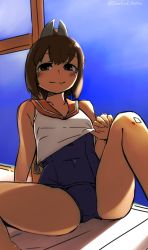 Rule 34 | 1girl, blouse, blue background, blue one-piece swimsuit, brown eyes, brown hair, hair ornament, hairclip, haniyama kurofo, highres, i-401 (kancolle), kantai collection, looking at viewer, one-piece swimsuit, one-piece tan, orange sailor collar, ponytail, sailor collar, sailor shirt, shirt, short ponytail, sitting, sleeveless, sleeveless shirt, smile, solo, spread legs, swimsuit, swimsuit under clothes, tan, tanline, twitter username, white shirt
