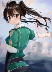 Rule 34 | 1girl, 73suke, absurdres, black eyes, black gloves, black hair, commentary request, elbow gloves, from behind, gloves, green shirt, highres, kantai collection, looking at viewer, looking back, military uniform, outstretched arm, ribbon, shirt, single elbow glove, smile, solo, tone (kancolle), tone kai ni (kancolle), twintails, uniform, upper body, white ribbon