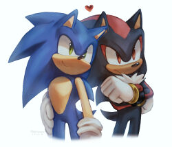 Rule 34 | 2boys, bracelet, closed mouth, crossed arms, furry, furry male, gloves, hand on own hip, heart, highres, jewelry, light smile, male focus, multiple boys, shadow the hedgehog, simple background, sonic (series), sonic the hedgehog, spacecolonie, white background, white gloves