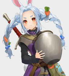 Rule 34 | 1girl, animal ear fluff, animal ears, bad id, bad twitter id, bag, belt, blue hair, blush, braid, brown belt, carrot, carrot hair ornament, character hair ornament, closed mouth, cosplay, dragon quest, dragon quest xi, dress, food-themed hair ornament, gotou (nekocat), hair ornament, hero (dq11), hero (dq11) (cosplay), holding, hololive, light blue hair, long hair, long sleeves, looking at viewer, messenger bag, orange eyes, parted bangs, paw print, purple dress, rabbit ears, rabbit girl, rabbit tail, short eyebrows, shoulder bag, signature, slime (dragon quest), solo, sword, tail, thick eyebrows, twin braids, urn, usada pekora, virtual youtuber, weapon, white background