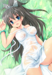Rule 34 | 1girl, antenna hair, bare shoulders, black hair, blue eyes, blush, bracelet, breasts, collarbone, dress, fang, ganaha hibiki, grass, idolmaster, idolmaster (classic), jewelry, long hair, looking at viewer, lying, on back, open mouth, see-through, sen (astronomy), solo