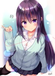 Rule 34 | 1girl, black skirt, black thighhighs, blue cardigan, blush, breasts, cardigan, cleavage, closed mouth, collarbone, collared shirt, dress shirt, hair between eyes, highres, long hair, long sleeves, looking at viewer, medium breasts, mokufuu, original, pleated skirt, purple eyes, purple hair, shirt, signature, skirt, sleeves past wrists, smile, solo, spoken blush, string, string around finger, string of fate, thighhighs, very long hair, white shirt