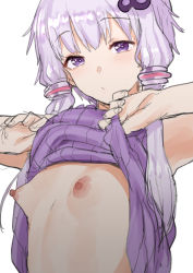 Rule 34 | 1girl, arms up, azuse neko, blush, breasts, breasts out, closed mouth, clothes lift, dress, dress lift, hair ornament, lifted by self, nipples, no bra, purple dress, purple eyes, short hair with long locks, sidelocks, simple background, sleeveless, sleeveless dress, small breasts, solo, upper body, vocaloid, voiceroid, white background, yuzuki yukari