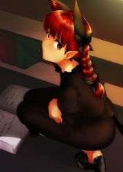 Rule 34 | 1girl, animal ears, book, bookshelf, bow, braid, cat ears, cat tail, dress, extra ears, from above, hair bow, kaenbyou rin, looking at viewer, mizuga, multiple tails, open book, pointy ears, red eyes, red hair, solo, squatting, tail, touhou, twin braids