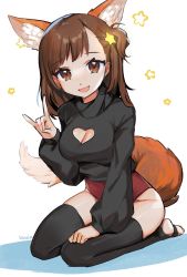 Rule 34 | 1girl, animal ear fluff, animal ears, annytf, black shirt, black thighhighs, breasts, brown eyes, brown hair, cleavage, cleavage cutout, clothing cutout, fox ears, fox girl, fox shadow puppet, fox tail, hair ornament, highres, indie virtual youtuber, klaeia, leotard, leotard under clothes, looking at viewer, no pants, open mouth, red leotard, shadow puppet, shirt, short hair, side ponytail, sitting, smile, solo, star (symbol), star hair ornament, tail, thighhighs, thighs, toeless legwear, virtual youtuber