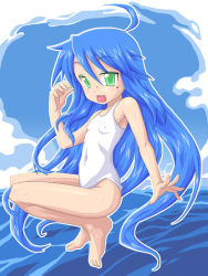 Rule 34 | 00s, 1girl, ahoge, bad id, bad pixiv id, bare shoulders, barefoot, blue hair, breasts, cloud, covered erect nipples, green eyes, izumi konata, long hair, lucky star, mole, mole under eye, one-piece swimsuit, open mouth, small breasts, solo, swimsuit, water, white one-piece swimsuit, yura (yurating)