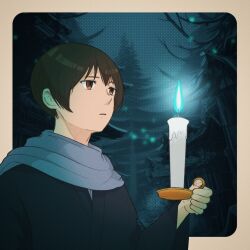 Rule 34 | 1boy, axis powers hetalia, blue fire, border, brown eyes, brown hair, candle, candlelight, candlestand, fire, forest, highres, holding, holding candle, hyangjjan, japan (hetalia), japanese clothes, light particles, male focus, nature, parted lips, short hair, solo