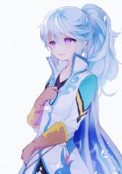 Rule 34 | 10s, 1boy, bishounen, blush, coat, feathers, gloves, long hair, male focus, mikleo (tales), name (oiuio), official alternate costume, open mouth, ponytail, purple eyes, solo, tales of (series), tales of zestiria