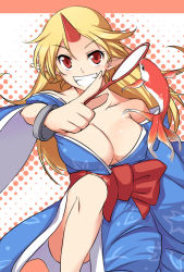Rule 34 | 1girl, bare shoulders, blonde hair, blue kimono, breasts, cleavage, female focus, fish, hirase yuu, horns, hoshiguma yuugi, hoshiguma yuugi (kimono), japanese clothes, kimono, large breasts, looking at viewer, off shoulder, pointy ears, red eyes, single horn, smile, solo, touhou, yukata