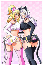 Rule 34 | 2girls, animal ears, ass, blonde hair, blush, cat ears, cat tail, fairy tail, female focus, highres, looking at viewer, looking back, lucy heartfilia, mirajane strauss, multiple girls, panties, slapping, smile, standing, tail, underwear