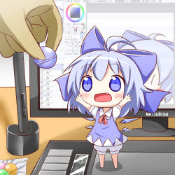 Rule 34 | 1girl, ahoge, arms up, bloomers, blue dress, blue eyes, blue hair, blush, blush stickers, bow, candy, chibi, circled 9, cirno, desk, drawing tablet, dress, fang, food, hair bow, highres, makuran, matching hair/eyes, monitor, open mouth, painttool sai, puffy sleeves, shirt, short hair, short sleeves, smile, solo, solo focus, touhou, underwear, wings, | |