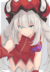 Rule 34 | 1girl, bare shoulders, blue eyes, blush, breasts, covered erect nipples, dress, fate/grand order, fate (series), frilled hat, frills, gloves, hat, headpiece, large hat, leaning forward, long hair, looking at viewer, marie antoinette (fate), medium breasts, outstretched arm, red dress, red gloves, red hat, shiseki hirame, short dress, silver hair, smile, solo, thighhighs, thighs, twintails, very long hair