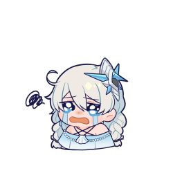 Rule 34 | 1girl, :o, antenna hair, artist request, bare shoulders, blue shirt, braid, crying, crying with eyes open, hair between eyes, hair ornament, highres, honkai (series), honkai impact 3rd, jewelry, kiana kaslana, long hair, necklace, official art, open mouth, seashell, shell, shirt, short sleeves, simple background, solo, tears, twin braids, white background, white hair