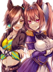 2girls animal_ears belt black_jacket black_shorts blue_bow blue_bowtie blue_dress bow bowtie breasts brown_eyes brown_hair center_frills clenched_teeth commentary_request cowboy_shot crop_top crossed_arms daiwa_scarlet_(umamusume) dress epaulettes frills frown garter_straps grimace grin hair_between_eyes hair_intakes horse_ears horse_girl horse_tail index_finger_raised jacket jewelry juliet_sleeves large_breasts long_hair long_sleeves midriff multiple_girls navel open_clothes open_jacket open_mouth pendant pink_eyes puffy_sleeves shirt short_dress shorts simple_background smile standing tail teeth thighhighs tiara twintails umamusume v-shaped_eyebrows very_long_hair vodka_(umamusume) white_background xx_momomo_xx yellow_shirt